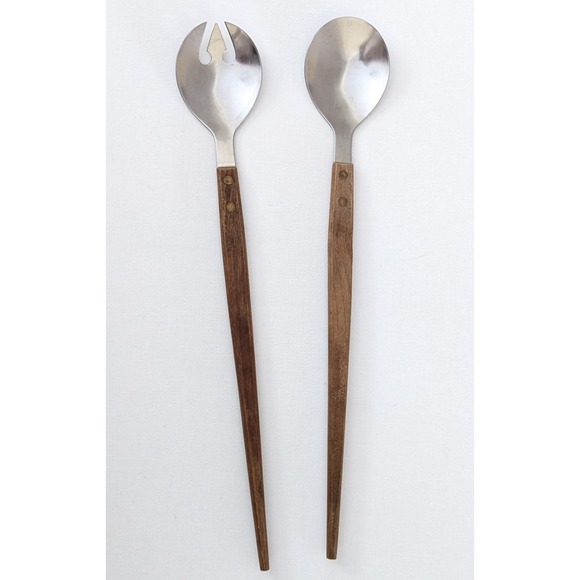 The Unbranded Brand Other - Vintage MCM Stainless Steel Wood Handle Salad Tongs Serving Fork Spoon Japan